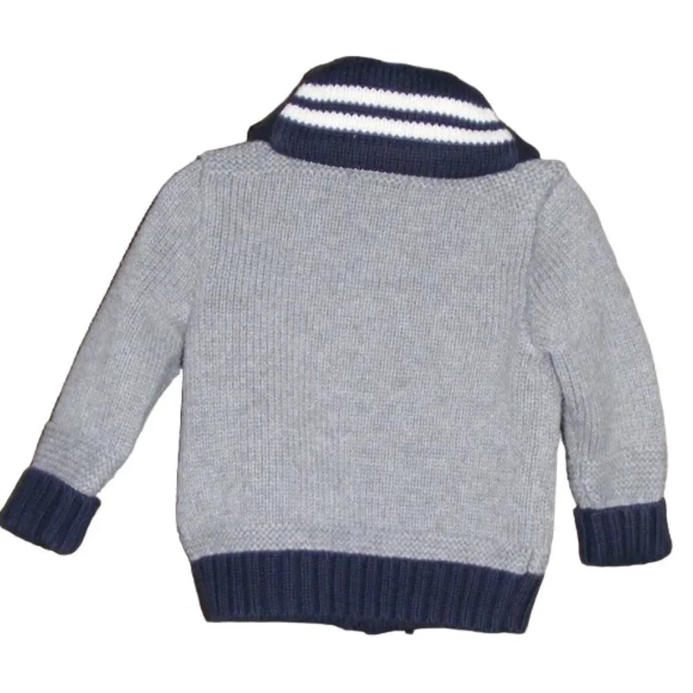 RALPH LAUREN Cardigan, 6m, Crested, Shawl collar, Grey/Black Cotton, Long sleeve